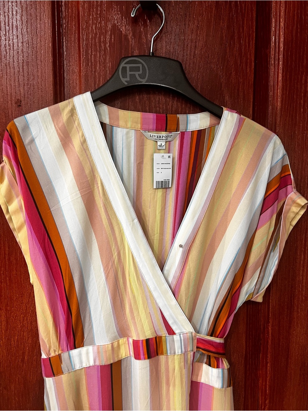 Liverpool Los Angeles NWT Striped Faux Wrap Midi Dress Small Colorful Tie Waist - Picture 5 of 5
